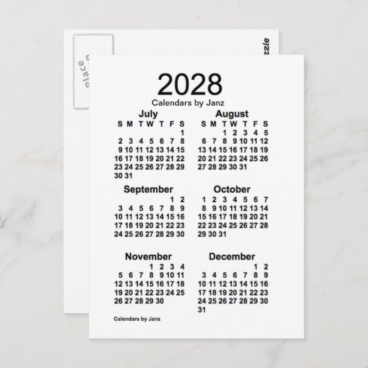 Carte Postale Mini calendrier blanc de 6 mois 2028 par Janz (Devant / Derrière)