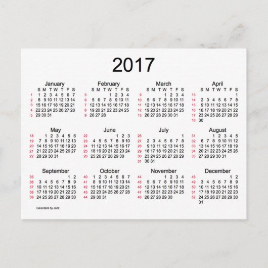 Carte Postale Mini calendrier de 52 semaines 2017 par Janz (Devant)