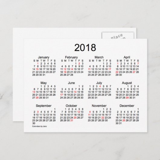 Carte Postale Mini calendrier des fêtes 2018 par Janz (Devant / Derrière)
