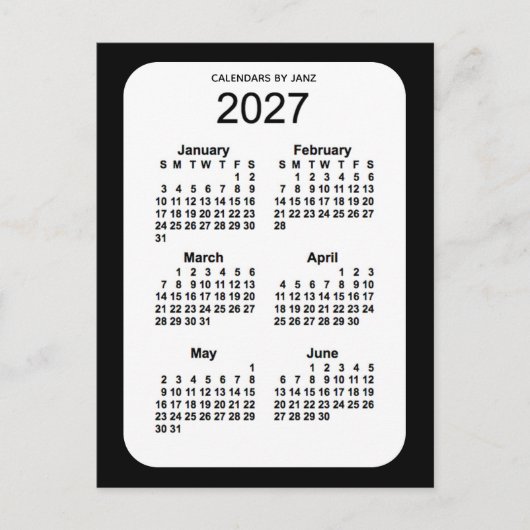 Carte Postale Mini calendrier noir 6 mois 2027 par Janz (Devant)