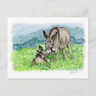 Carte Postale Miniature Donkey Maman et bébé Aquarelle Art