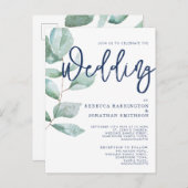 Carte Postale Minimal moderne Eucalyptus Green Mariage bleu mari (Devant / Derrière)