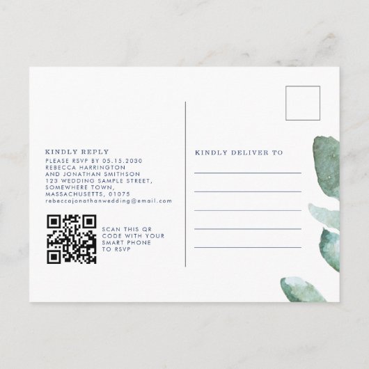 Carte Postale Minimal moderne Eucalyptus Green Mariage bleu mari (Dos)