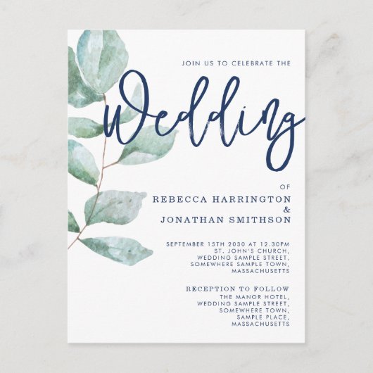 Carte Postale Minimal moderne Eucalyptus Green Mariage bleu mari (Devant)