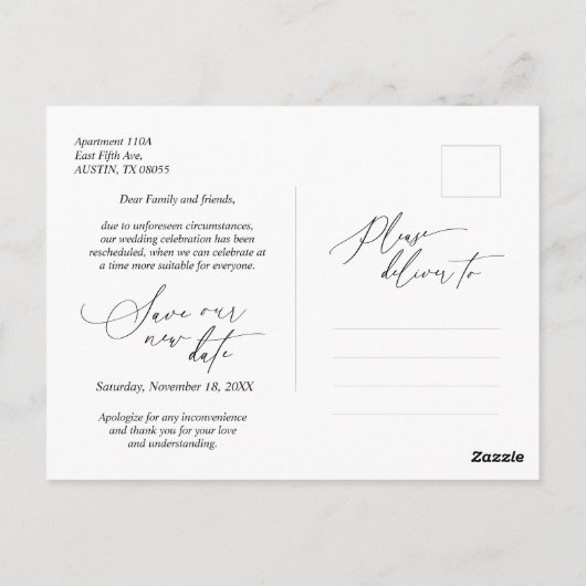 Carte Postale Minimal simple, Faire-part de mariage reprogrammé (Dos)