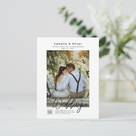 Carte Postale MINIMALISATION Mariage blanc et noir PHOTO QR CODE (Debout devant)