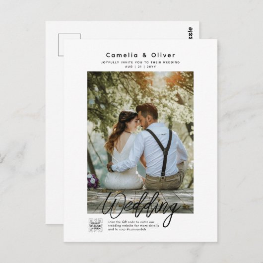 Carte Postale MINIMALISATION Mariage blanc et noir PHOTO QR CODE (Devant / Derrière)