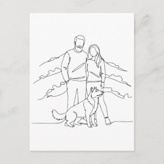 Carte Postale Minimalist Modern Couple with Dog Line Art Drawing