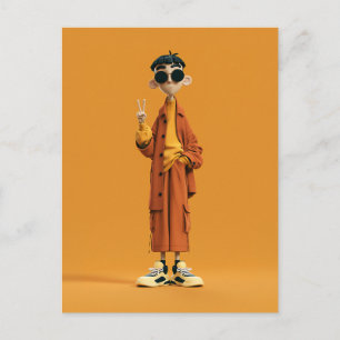 Carte Postale Minimaliste Orange Esthétique – Personnage 3D Styl