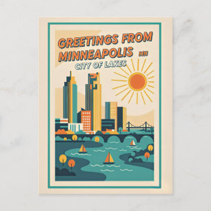 Carte Postale Minneapolis MN Ville des Lacs Rétro