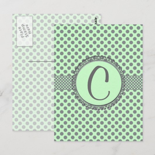 Carte Postale Mint Green with Grey Polka Dots-monogram (Devant / Derrière)