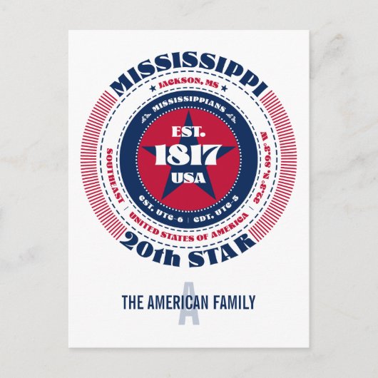 Carte Postale Mississippi, Jackson, MS, Patriotique, Monogramme (Devant)