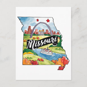 Carte Postale Missouri États-Unis État Forme Aquarelle Vintage