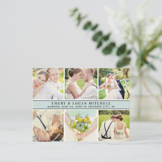 Carte Postale Mist Blue Monogram Mariage Photo Collage Merci (Debout devant)