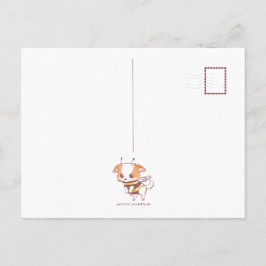 Carte Postale Mochi Bee mignon Chiot odorant les fleurs Sakura (Dos)