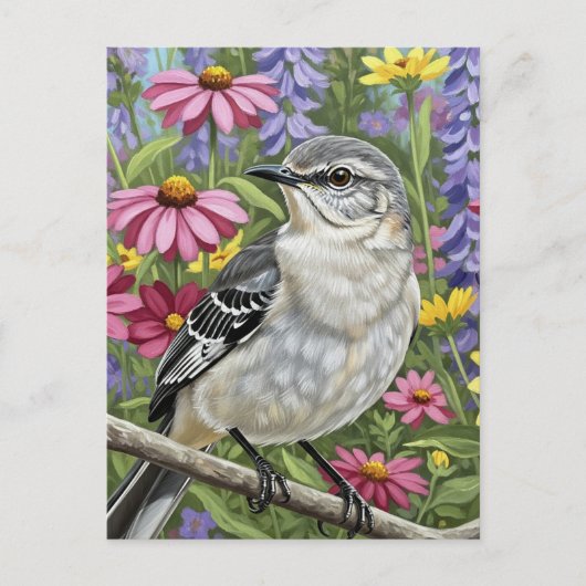 Carte Postale Mockingbird nordique avec fleurs (Devant)
