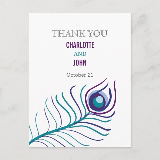 Carte Postale Mod violet, bleu turquoise paon Merci notes (Devant)