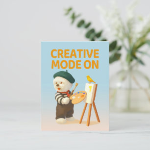 Carte Postale Mode Créatif Activé : Peintre Chien Bichon Artiste