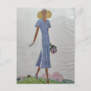 Carte Postale Mode des années 1930 Femme en robe bleue et blanch