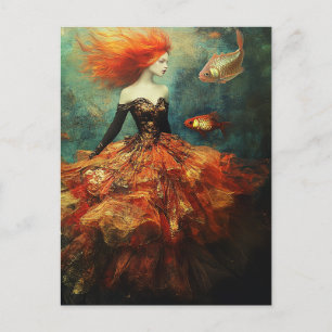 Carte Postale Mode et poisson d'or Dame des cheveux rouges