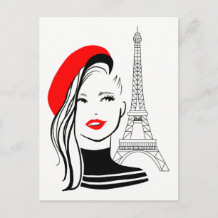 Carte Postale Mode illustration femme française au béret rouge