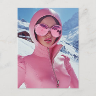 Carte Postale Mode Ski rose futuriste - Glam d'hiver stylé