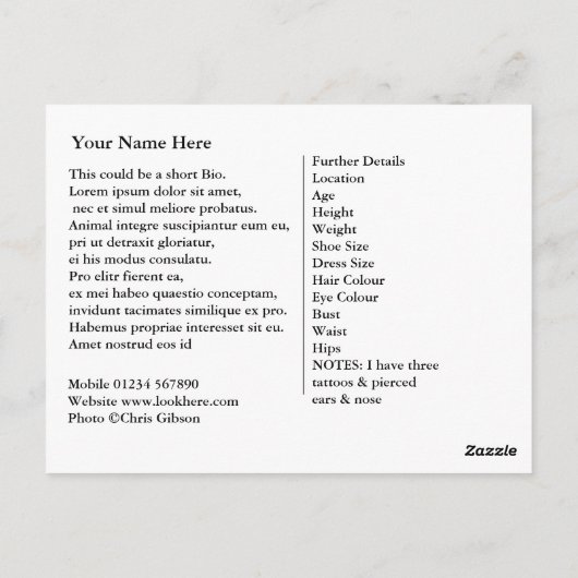 Carte Postale Model Comp Card-Obtenez votre nom là-bas. (Dos)