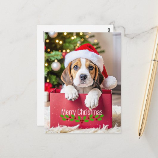 Carte Postale Modèle de Noël de chiot Beagle, (Devant/Arrière en situation)