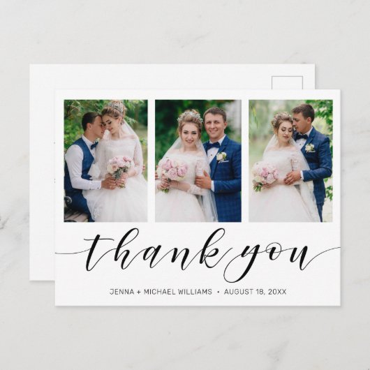 Carte Postale Modern 3 Photo Collage Mariage de script noir (Devant / Derrière)