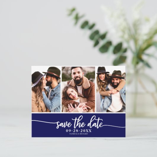 Carte Postale Modern 3 Photo Collage Mariage Enregistrer La Date (Debout devant)