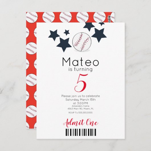 Carte Postale Modern Baseball Pattern Ticket Style Party (Devant / Derrière)