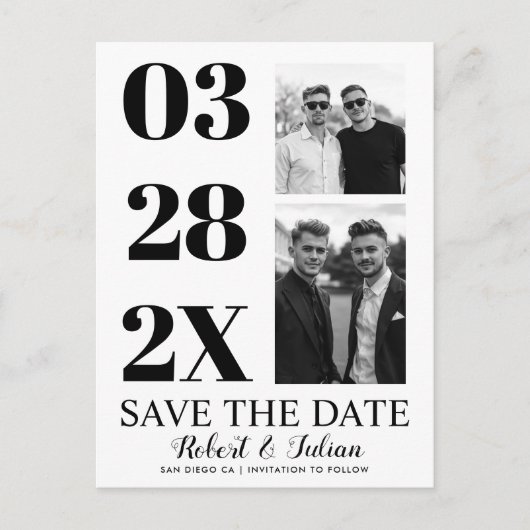 Carte Postale Modern black and white two photo gay Save the Date (Devant)
