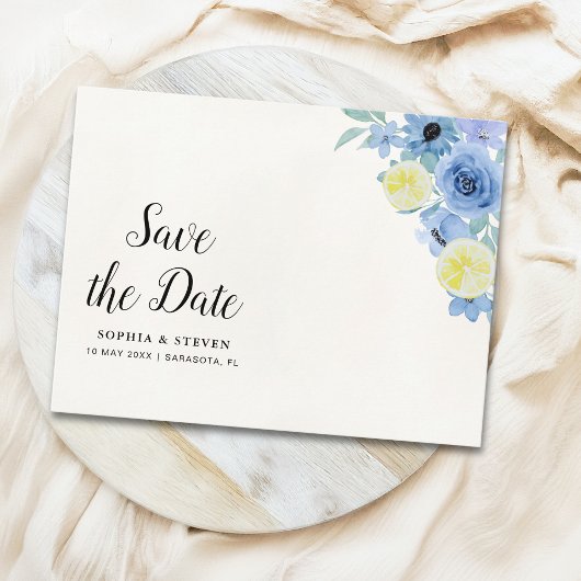 Carte Postale Modern Blue Mediterranean Lemon Wedding