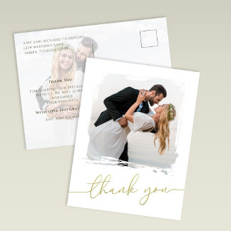 Carte Postale Modern Brush Photo Gold Script Wedding Thank You