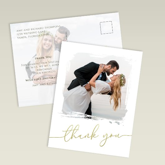Carte Postale Modern Brush Photo Gold Script Wedding Thank You