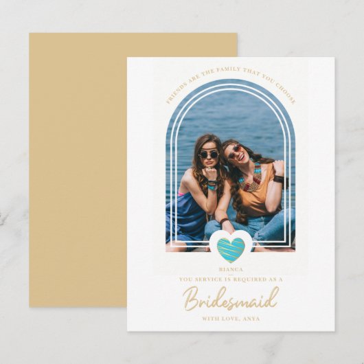 Carte Postale Modern Fancy Bridesmaid Blue Heart Photo Proposal (Devant / Derrière)
