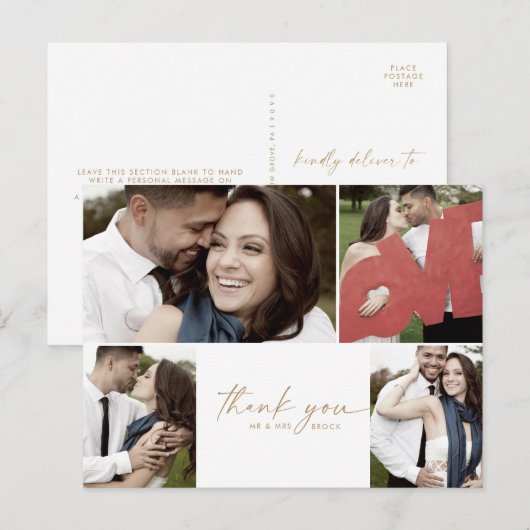 Carte Postale Modern Gold 4 Photo Collage Mariage Merci (Devant / Derrière)