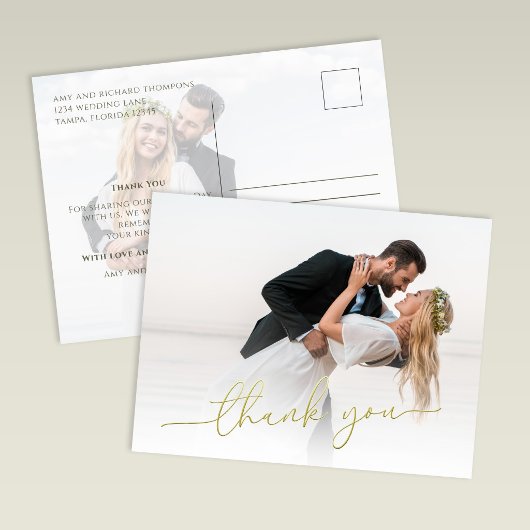 Carte Postale Modern Gold Script Photo Wedding Thank You Card