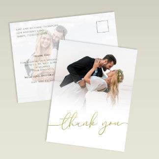 Carte Postale Modern Gold Script Photo Wedding Thank You Card
