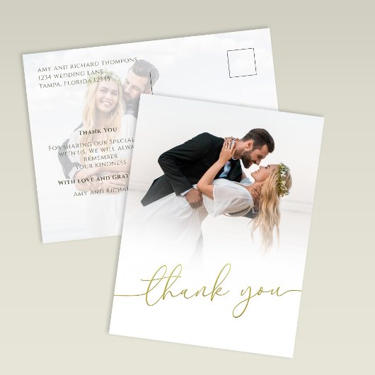 Carte Postale Modern Gold Script Photo Wedding Thank You Card