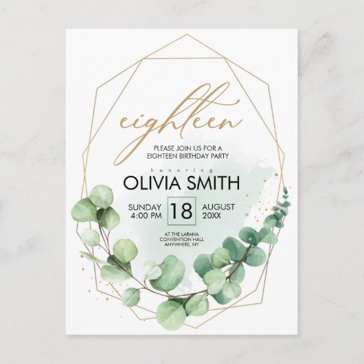Carte Postale Modern green rustic greenery 18th birthday elegant (Devant)