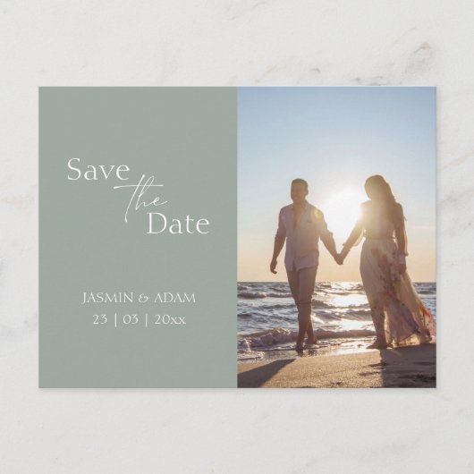 Carte Postale Modern Sage Green Photo Mariage Enregistrer la dat (Devant)