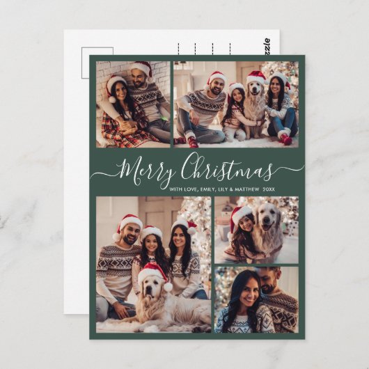 Carte Postale Modern Script Green 5 Photo Collage Noël (Devant / Derrière)