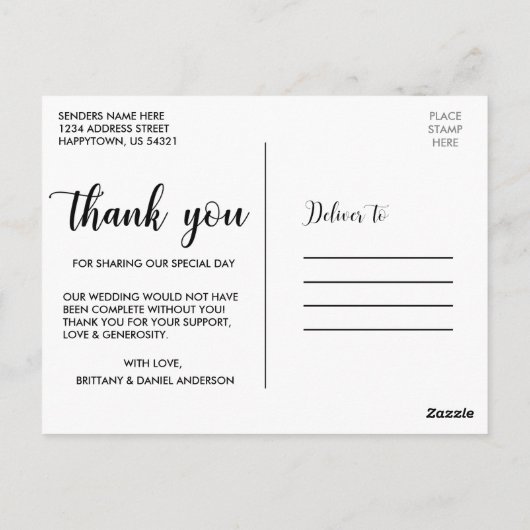 Carte Postale Modern Script Love et Merci Mariage Couple (Dos)