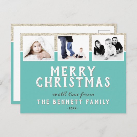 Carte Postale Modern Turquoise 3 Photo Collage Noël (Devant / Derrière)