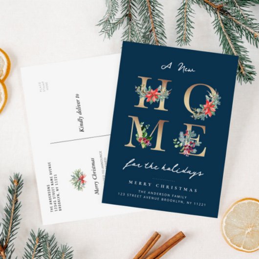 Carte Postale moderne bleu Noël déménagement faire-part