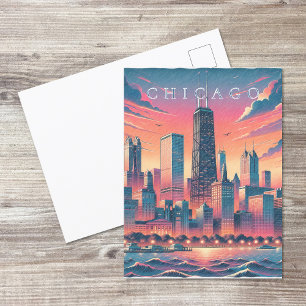 Carte postale moderne de Chicago avec ciel orange