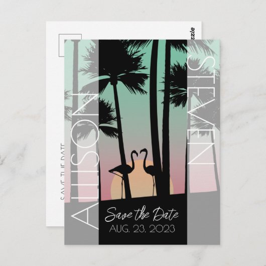 Carte postale moderne de flamingo pour annoncer un (Devant / Derrière)