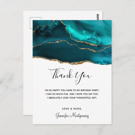 Carte Postale Moderne Design Turquoise Or & Blanc Agate Merci (Devant / Derrière)