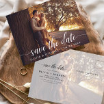 Carte Postale Moderne Enregistrer la date Blanc photo manuscrite<br><div class="desc">Mariage écrit à la main Enregistrer les cartes de dates qui ont une photo sur le devant et le dos. Les cartes Save the Date Fall, Automne, Hiver, Printemps ou Été contiennent une typographie manuscrite moderne lettrée cursive qui sont élégantes, simples et modernes à utiliser après que vous minimaliste simple...</div>